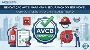 Ilustração com selo "AVCB renovado" e ícones de segurança contra incêndio