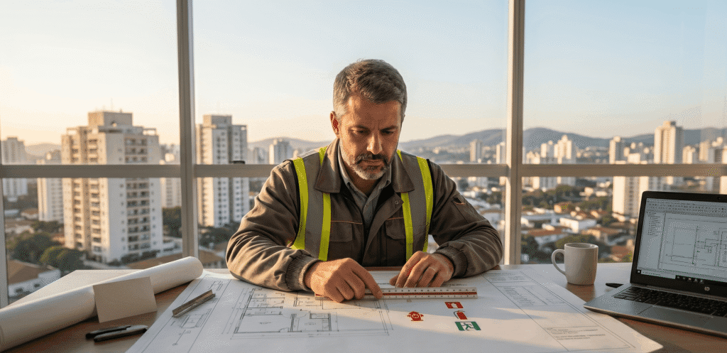 Engenheiro com colete de segurança planejando um projeto de combate a incêndio campinas sobre uma mesa de escritório com vista para a cidade.