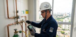 Ilustração de engenheiro inspecionando tubulação de gás com manômetro digital em teste de estanqueidade