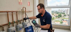 Ilustração de técnico fazendo aferição com manômetro digital em teste de estanqueidade após reparo