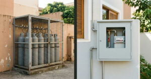 Ilustração de central de GLP com cilindros em gaiola metálica ventilada e abrigo de medidor de gás natural