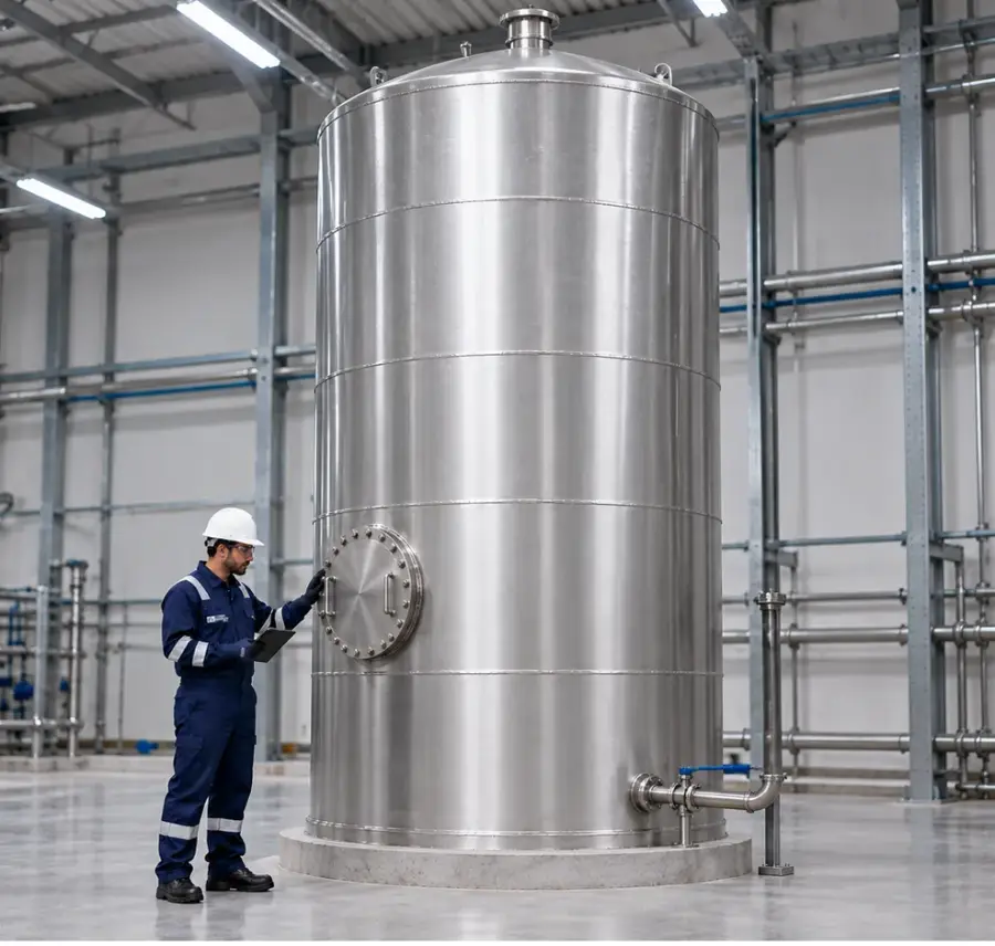 Ilustração de tanque metálico de armazenamento em planta industrial