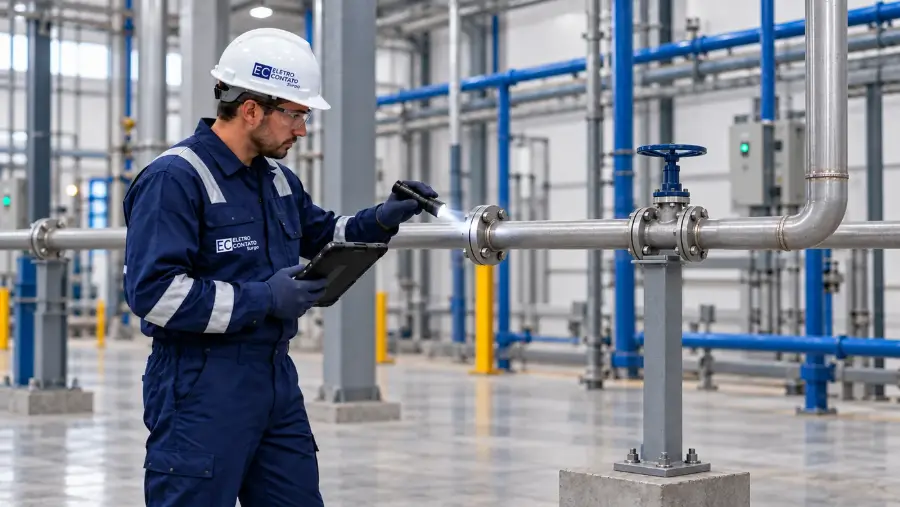 Ilustração de inspeção visual em tubulação industrial interligada a vaso de pressão