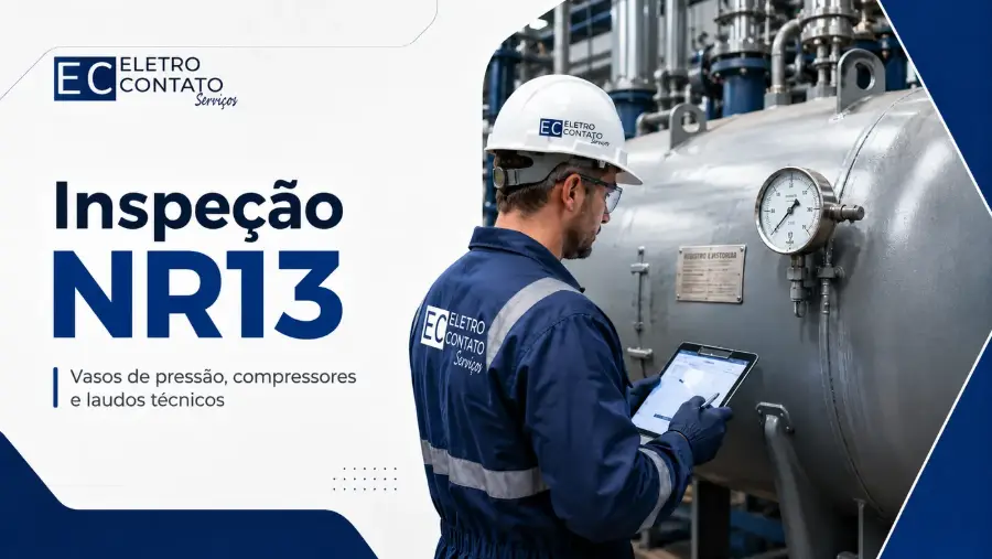 Ilustração de exame externo em vaso de pressão industrial com manômetro e válvula de segurança