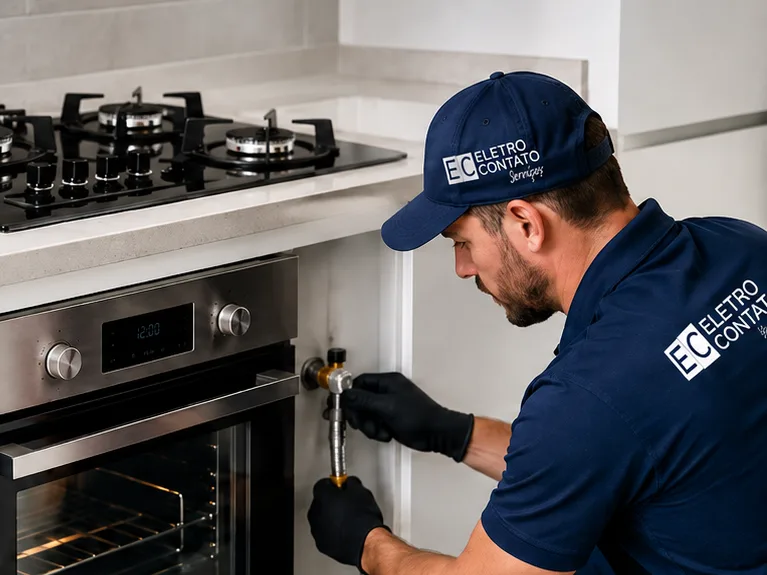 Ilustração de técnico conectando forno de embutir a gás com tubo flexível metálico